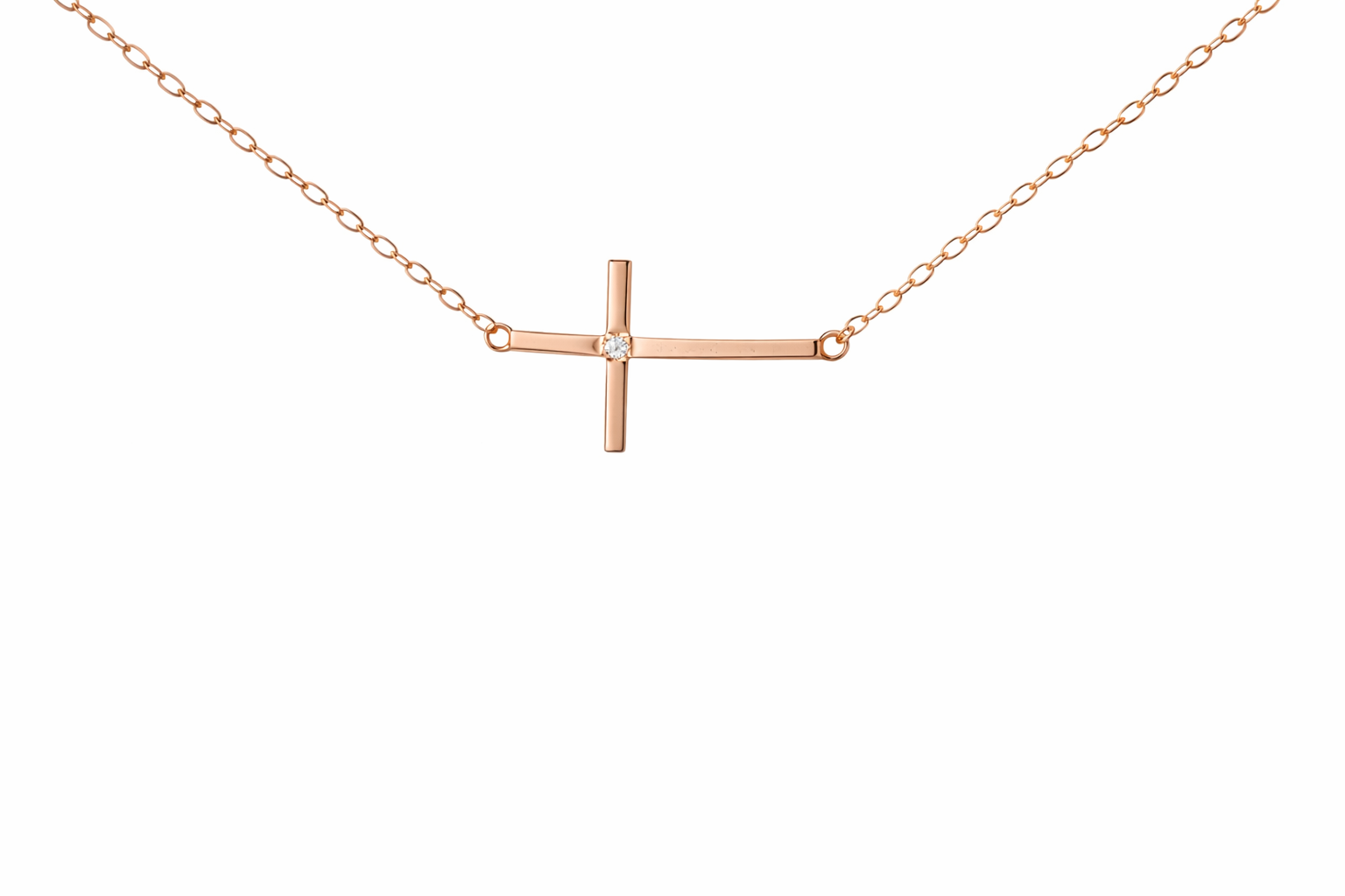 Sterling Silver Sidways Cross With CZ Gemstone Necklace