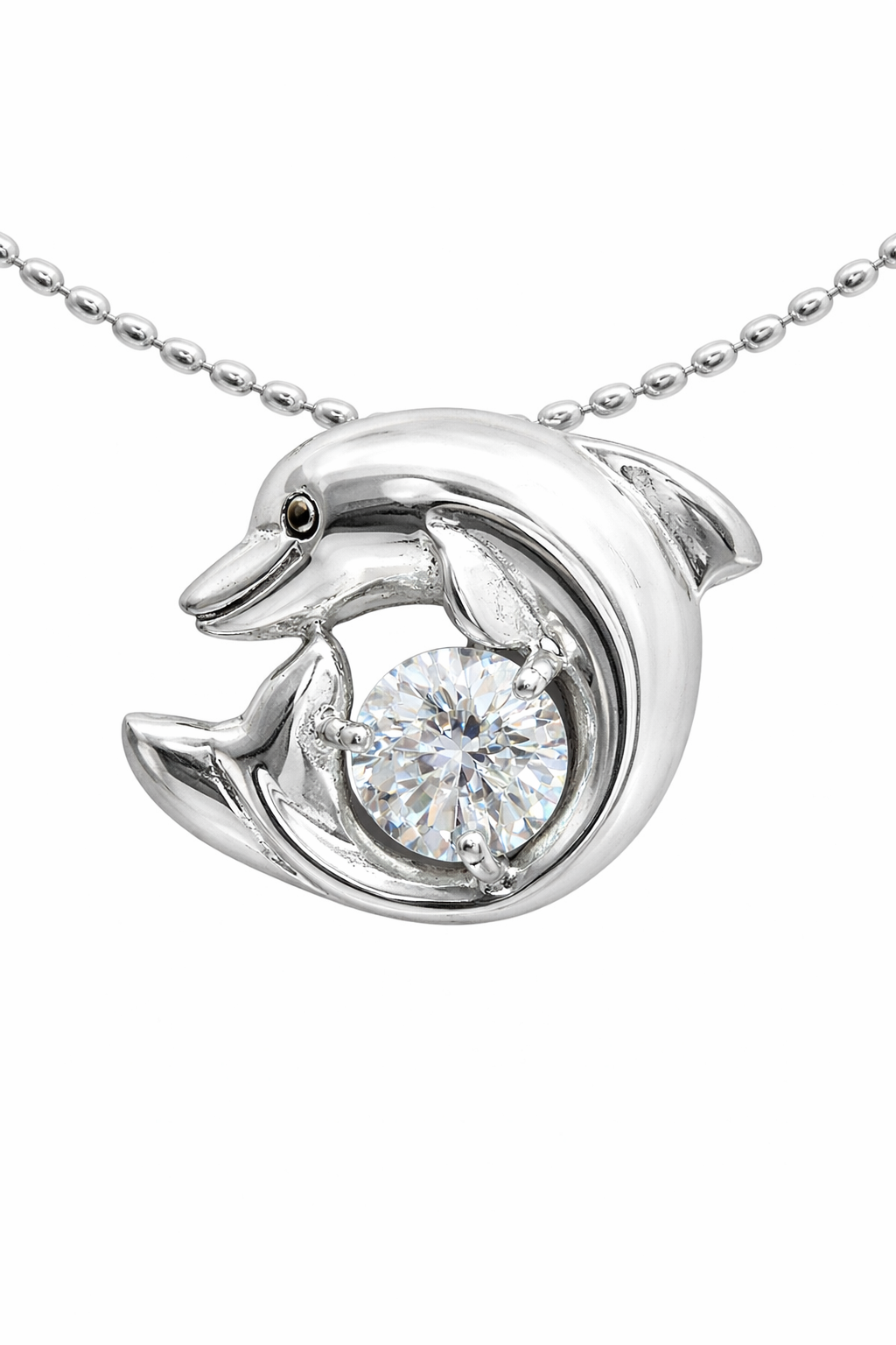 Sterling Silver Two Dolphin with Large CZ Center Pendant