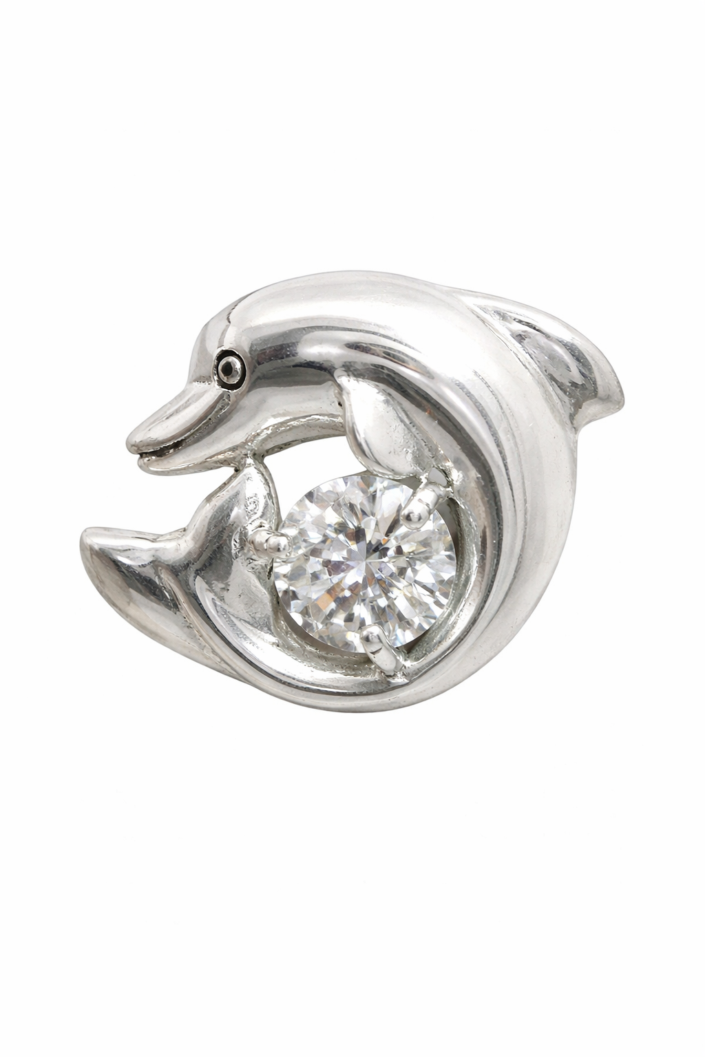 Sterling Silver Two Dolphin with Large CZ Center Pendant