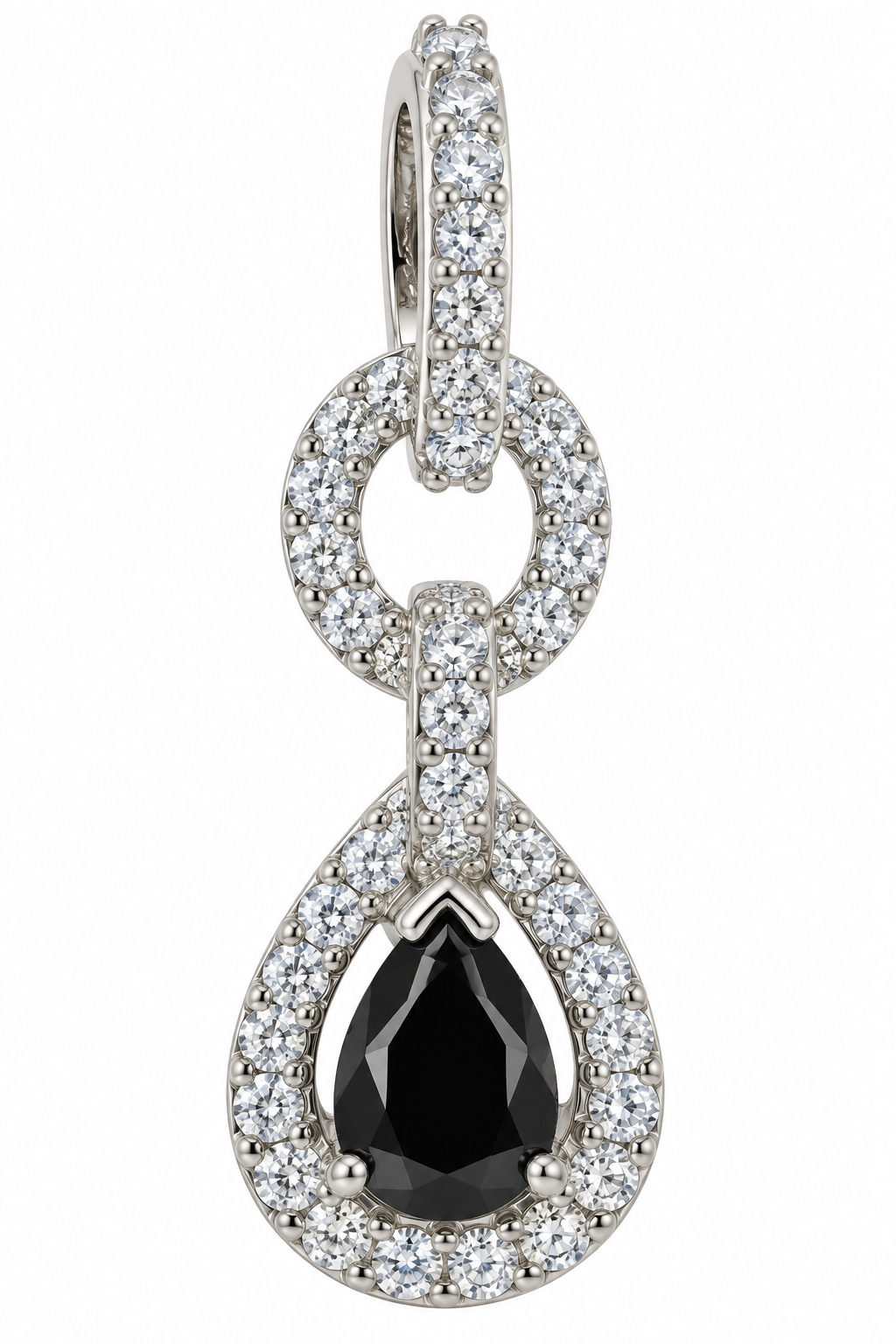 Sterling Silver Interlock CZ Drop down Black Teardrop Pendant