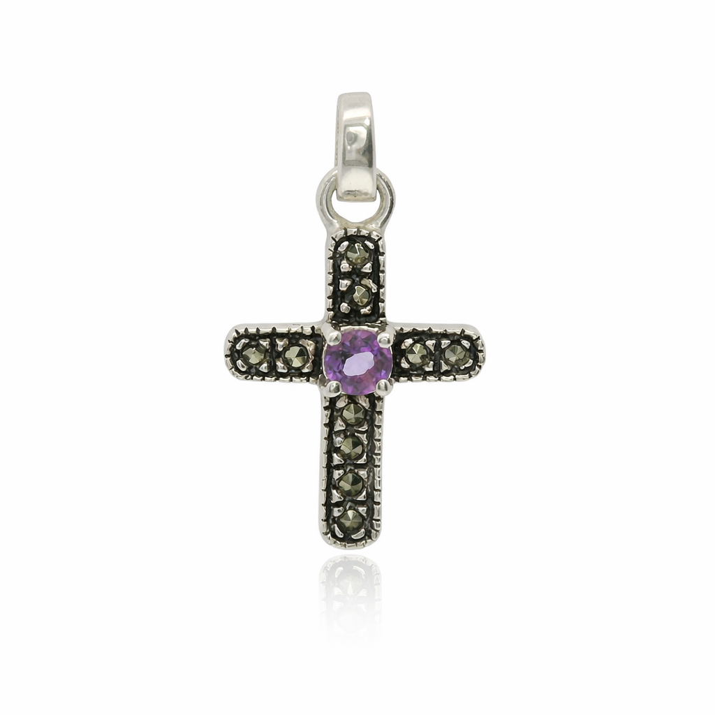 Sterling Silver Small Cross Purple Gemstone Center Pendant