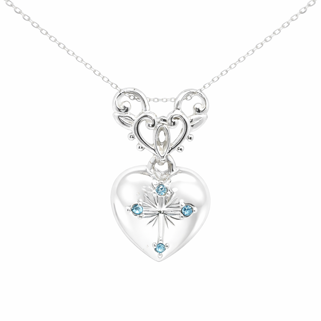 Sterling Silver Heart Dangle Pendant With Carved Cross Aqua Gems
