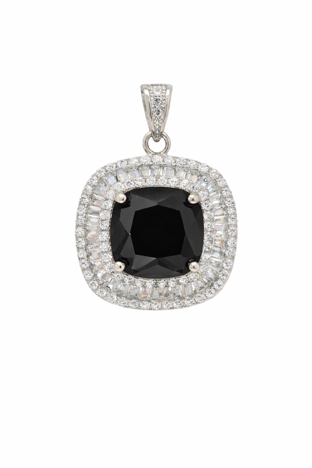 Sterling Silver Soft Square Color Gemstone Baguette Border Pendant