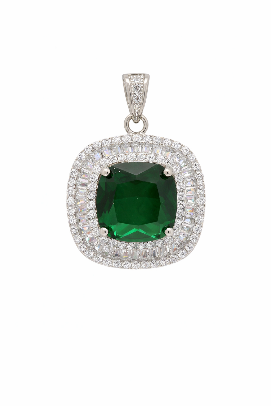 Sterling Silver Soft Square Color Gemstone Baguette Border Pendant