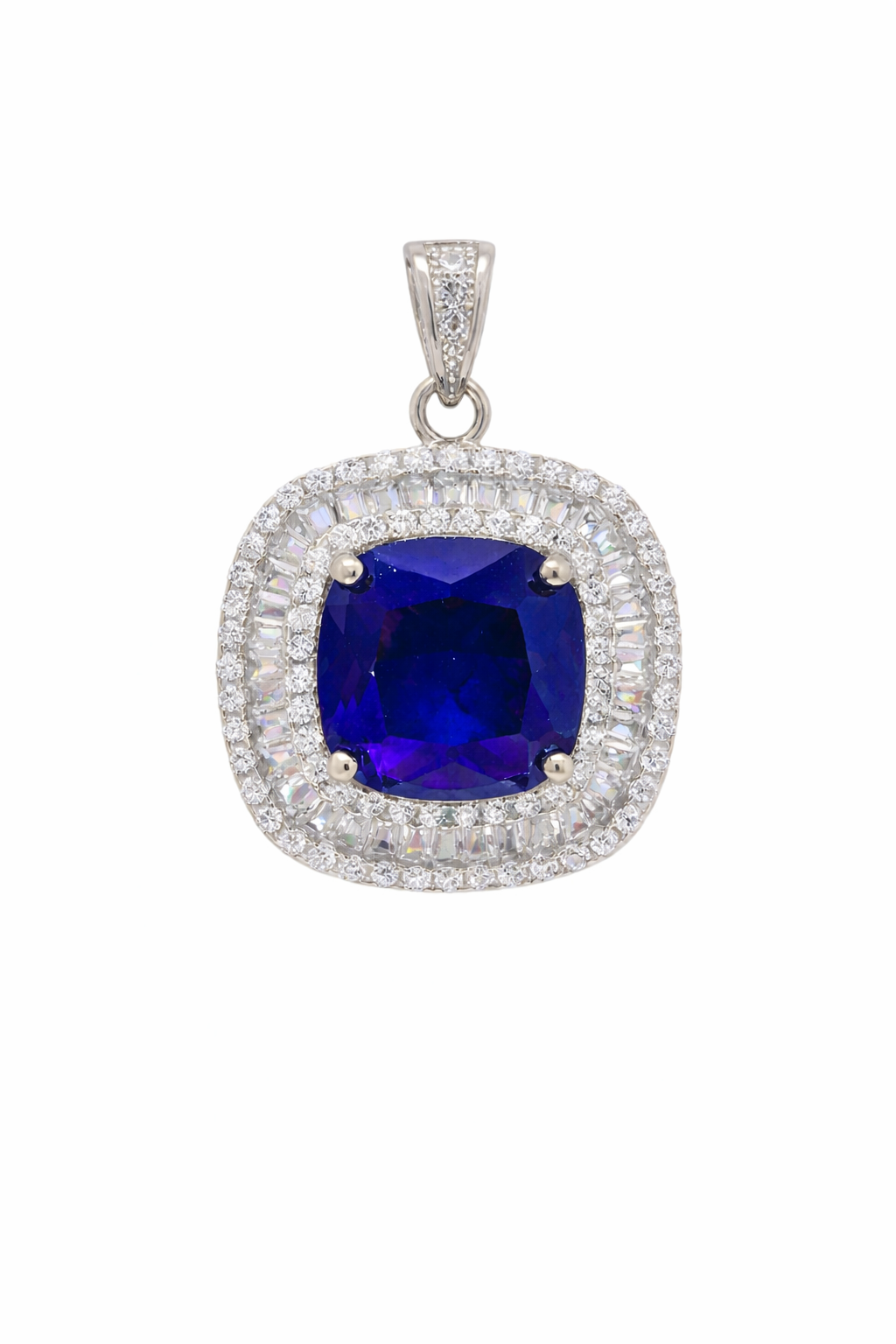 Sterling Silver Soft Square Color Gemstone Baguette Border Pendant