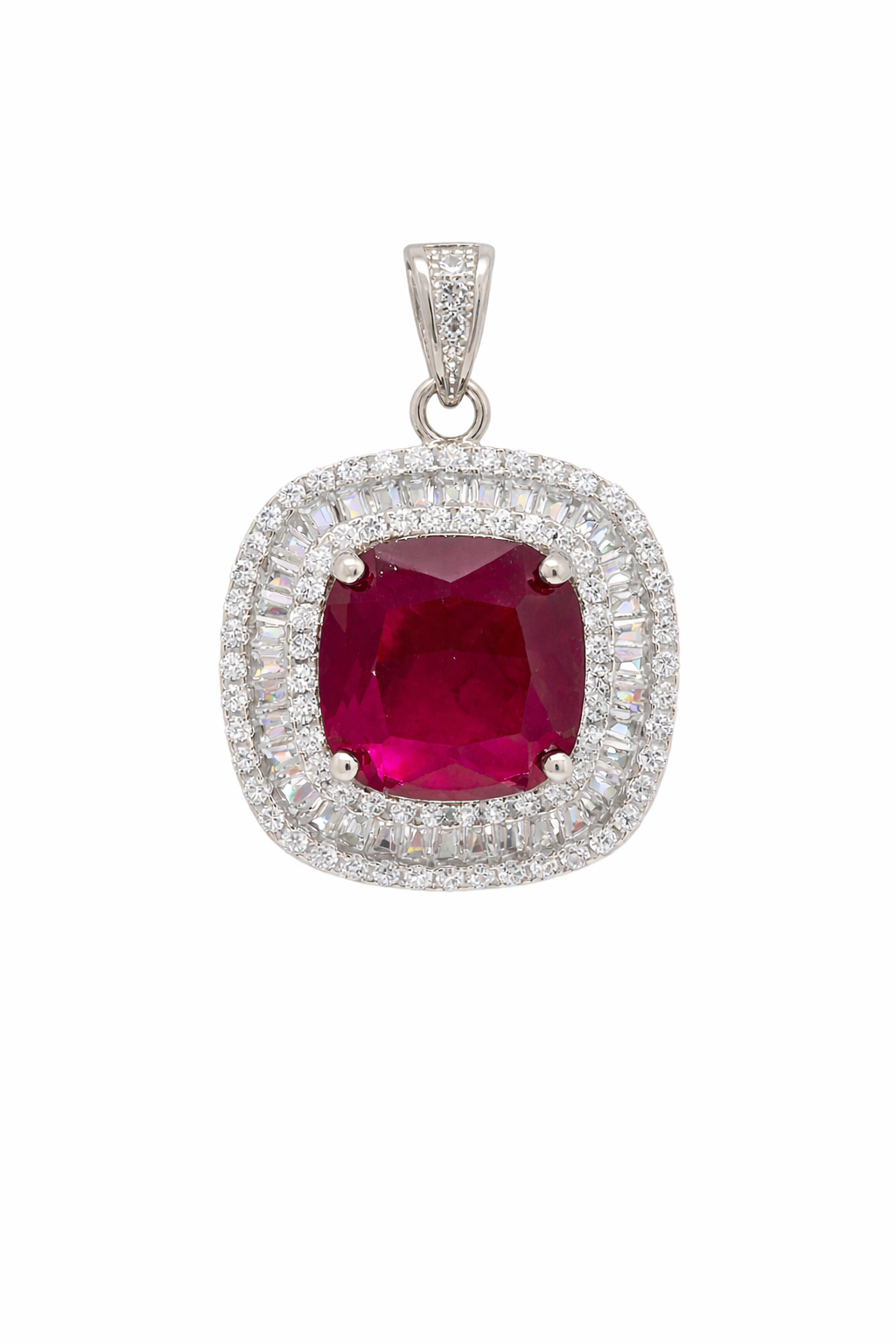 Sterling Silver Soft Square Color Gemstone Baguette Border Pendant