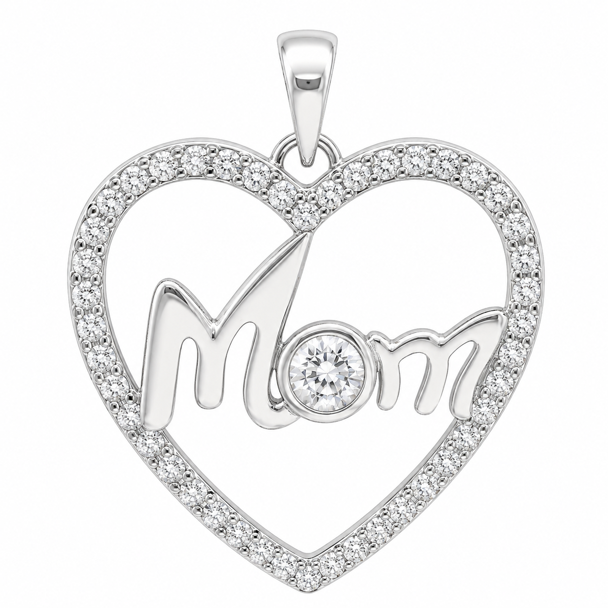 Sterling Silver Large CZ Heart "MOM" Pendant