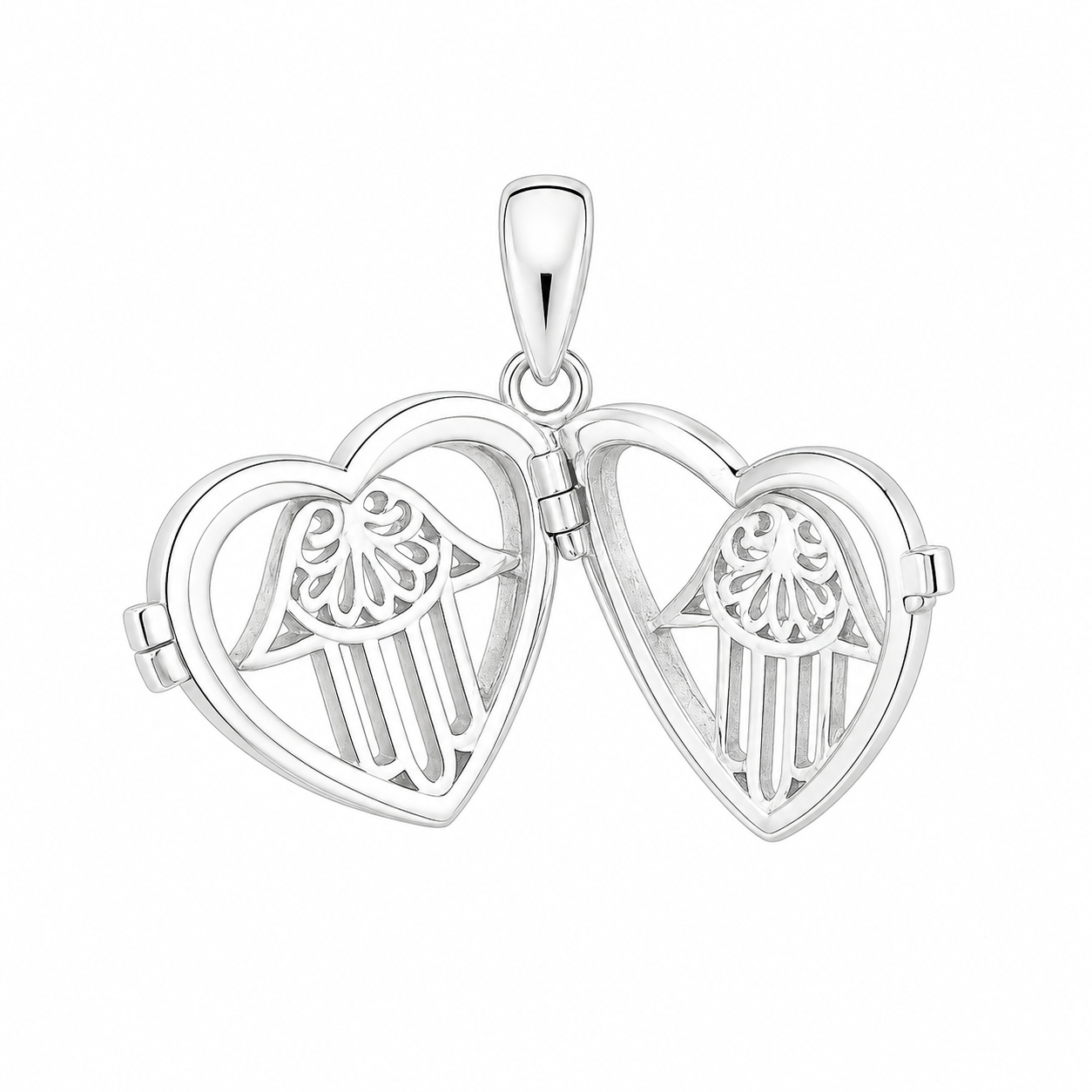 Sterling Silver Cut-Out Hamsa Hand Heart Locket Pendant