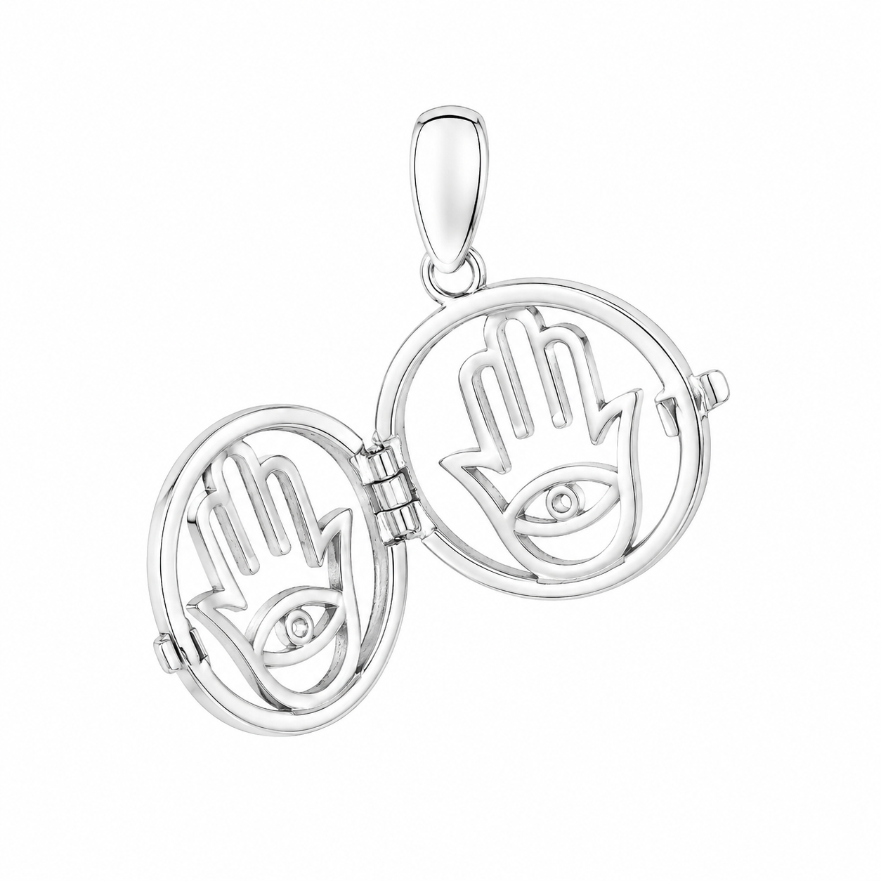 Sterling Silver Cutout Round Hamsa Hand Locket Pendant