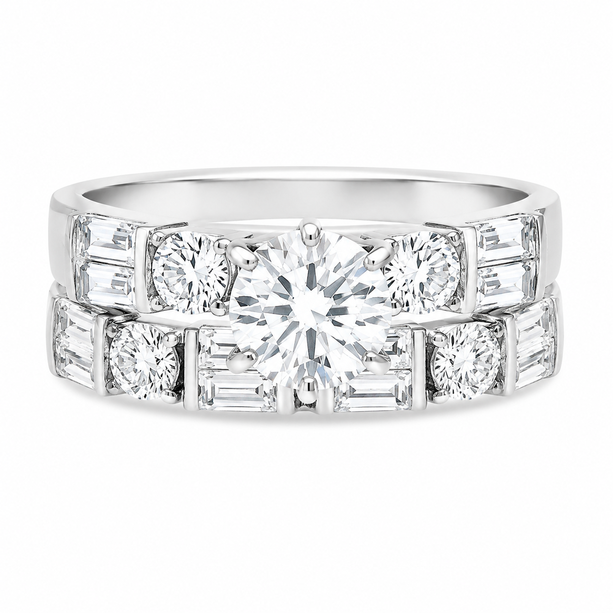 Sterling Silver Round Baguette Double Band Wedding/Engagement Set classic baguette-cut accents on a double band design.