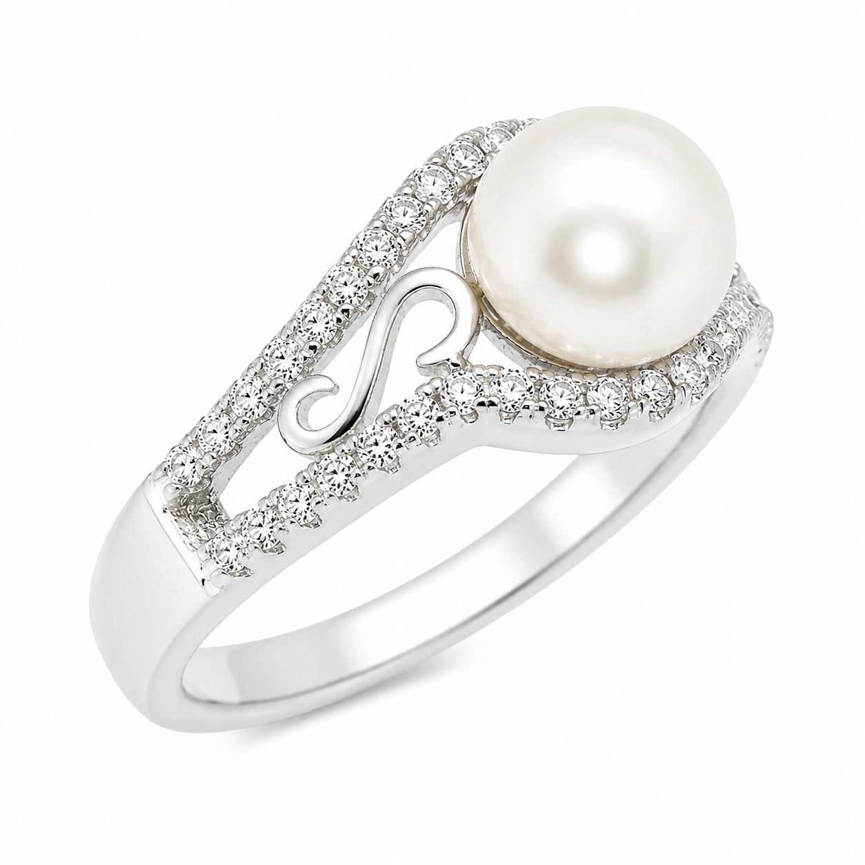 Sterling Silver 2 Line With Swirl Detail And Pearl Stone Ring
