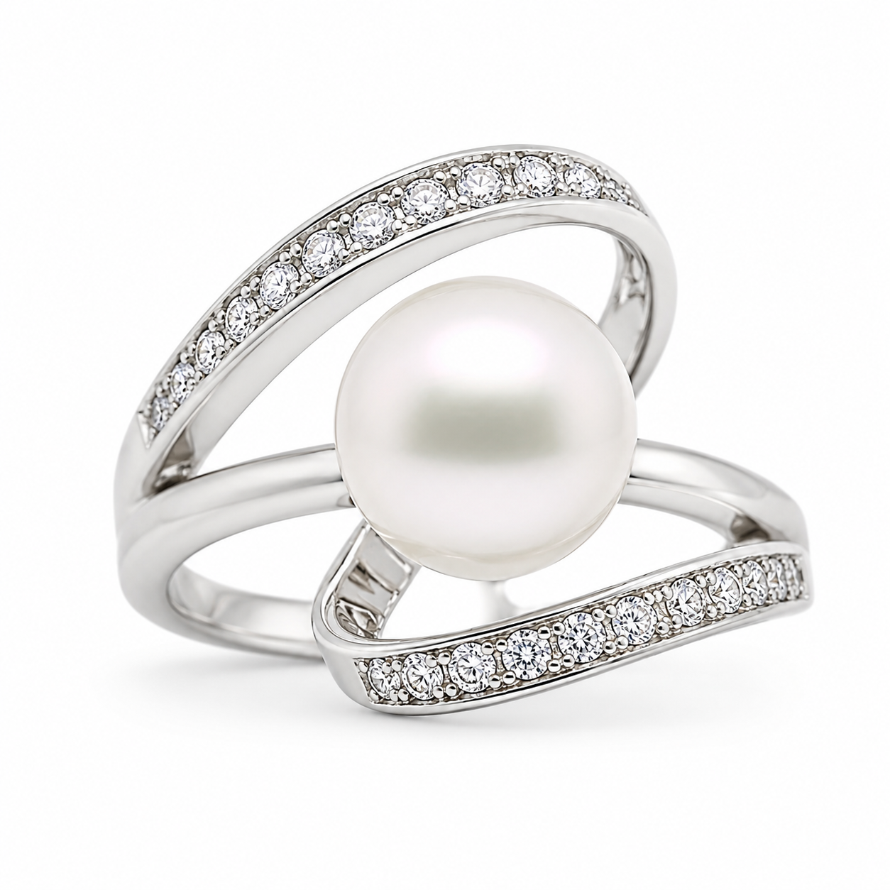 Sterling Silver Floating Swirl CZ Ring With Center Pearl