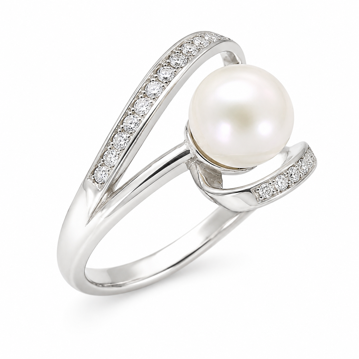 Sterling Silver Floating Swirl CZ Ring With Center Pearl