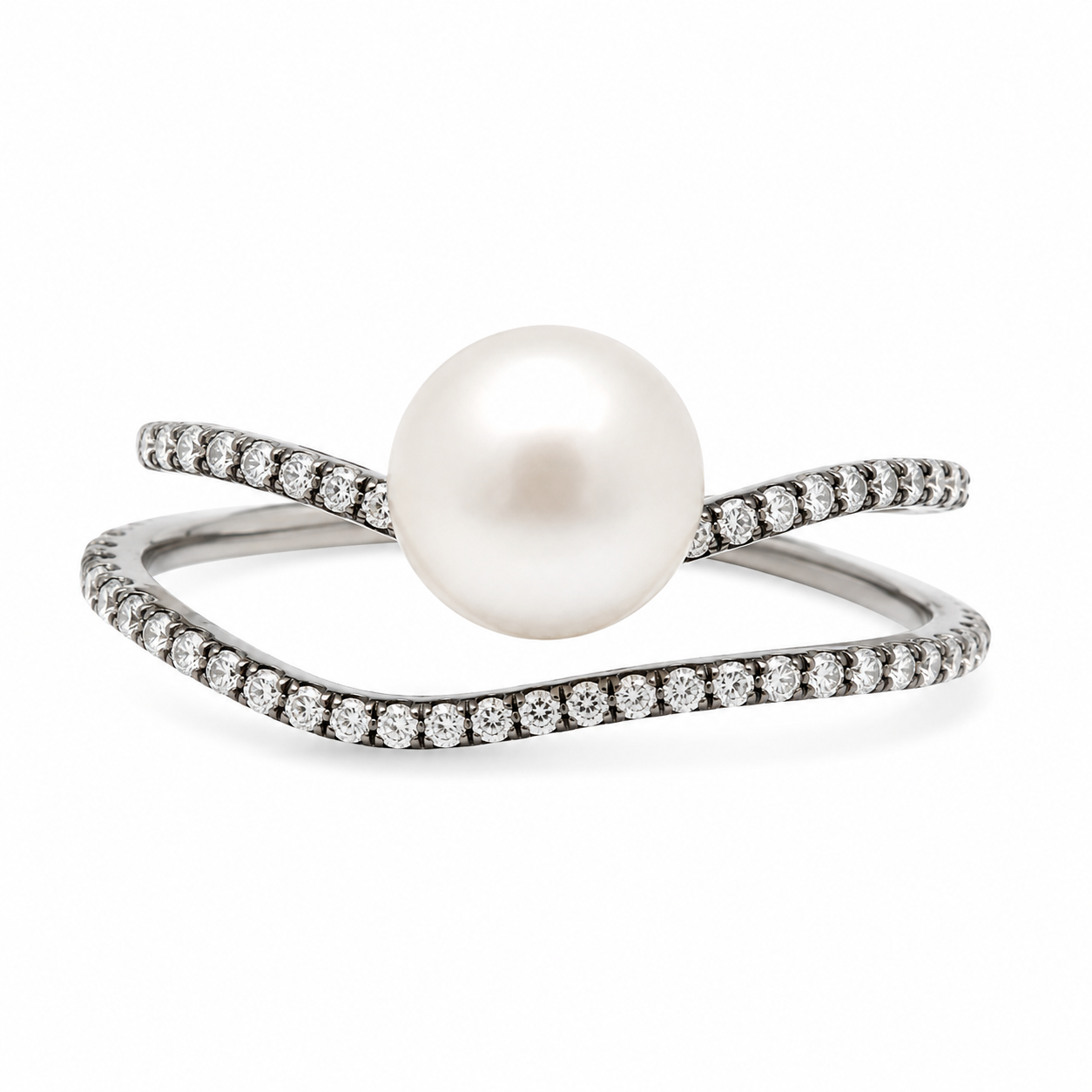 Sterling Silver 2  Black CZ Bands With Pearl Center