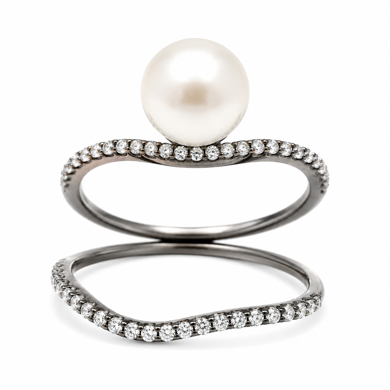 Sterling Silver 2  Black CZ Bands With Pearl Center
