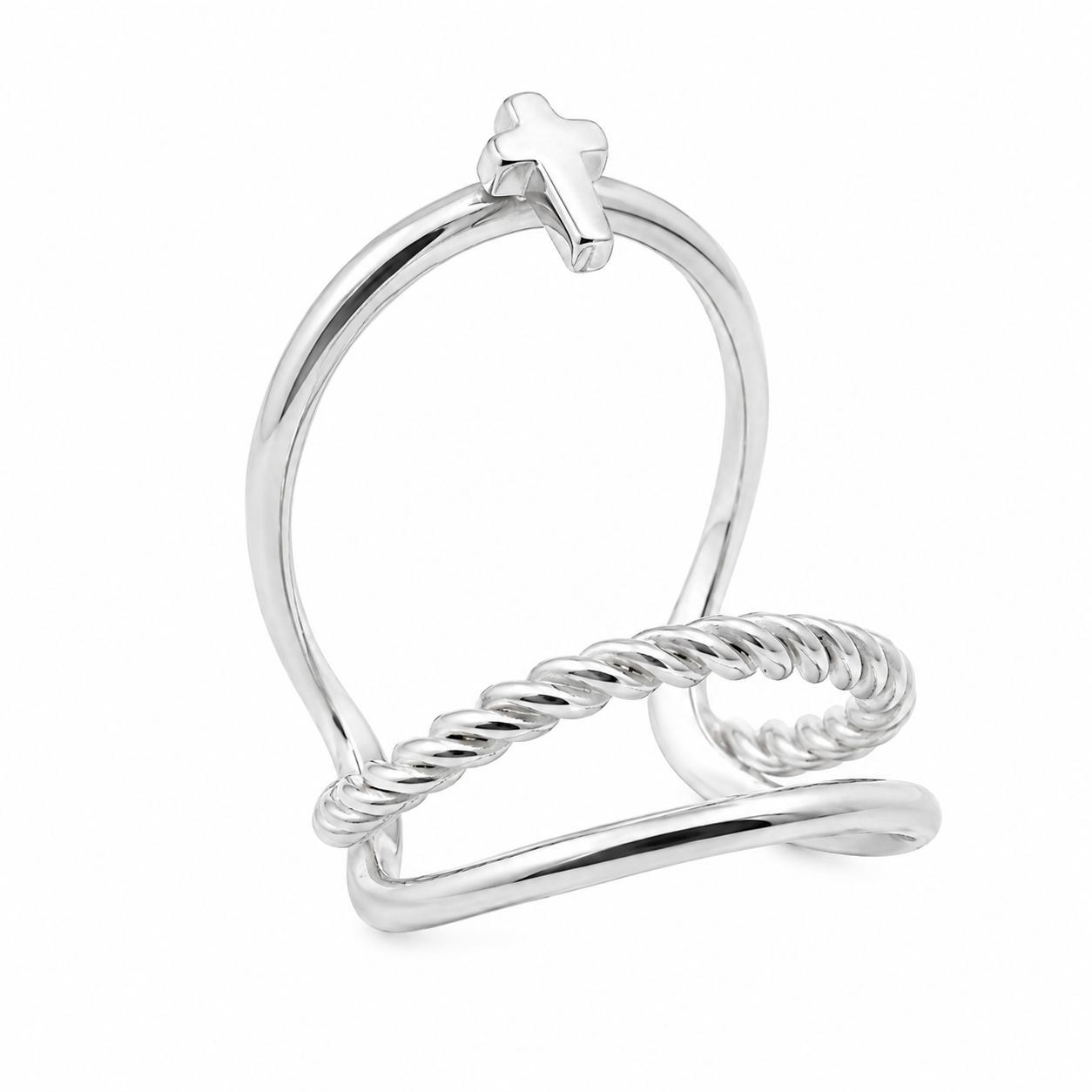 Sterling Silver Cross Twist Open 3 Line Detailed With Cross Stacked Ring
