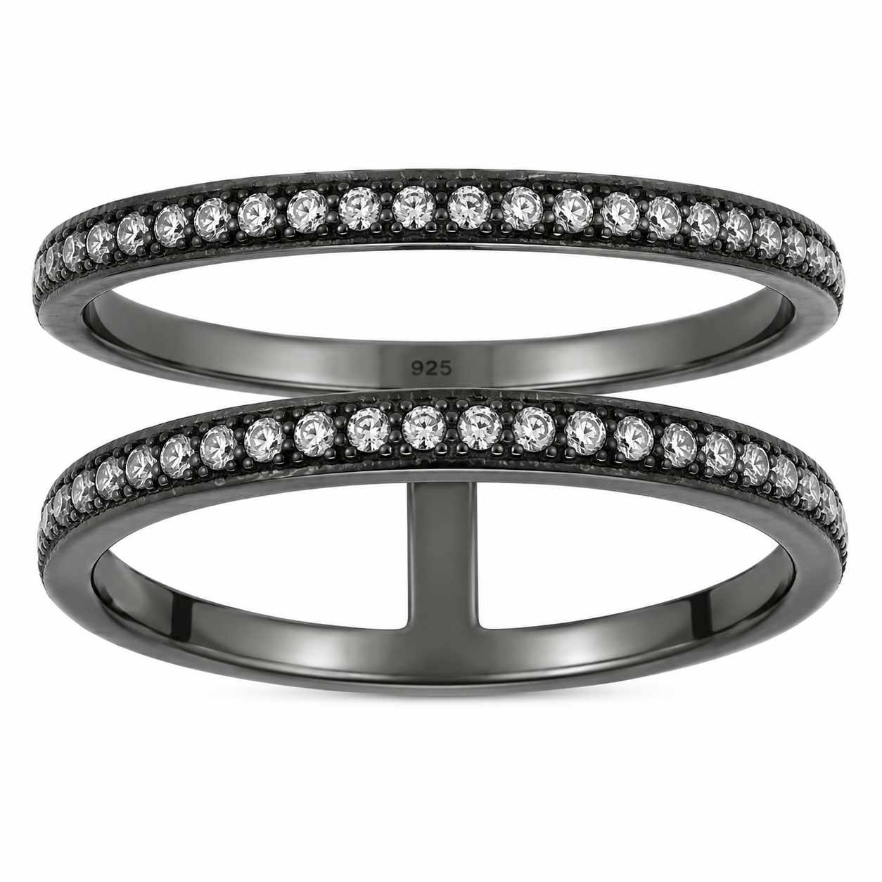 Sterling Silver Elegant stacked ring design featuring two sleek black cubic zirconia