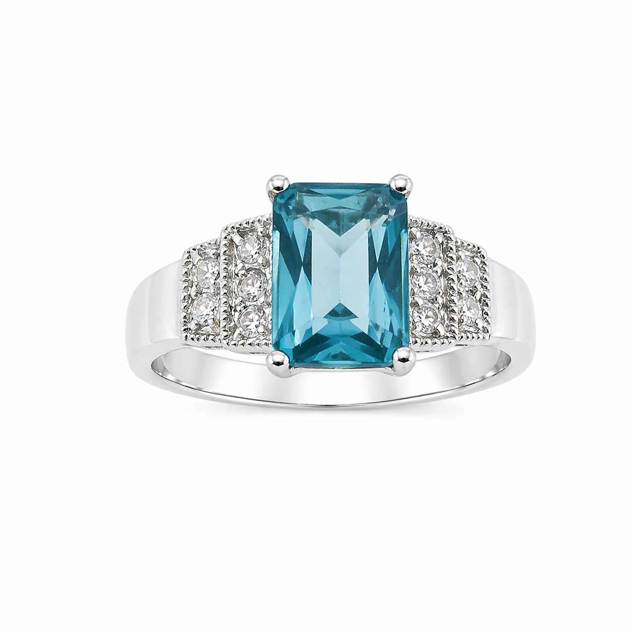 Color Rectangle Stone With CZ Border Ring