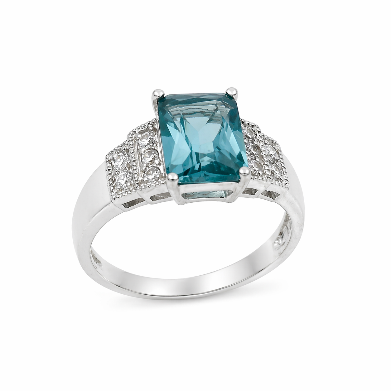 Color Rectangle Stone With CZ Border Ring