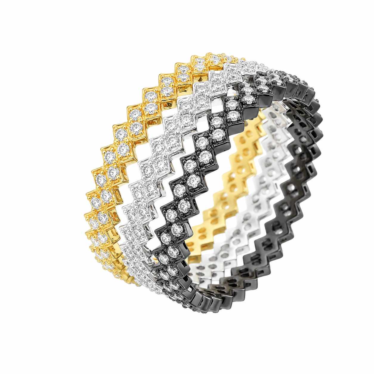 Sterling Silver Stackable 3 PC Zig Zag CZ Bands (Black, Silver, Gold)