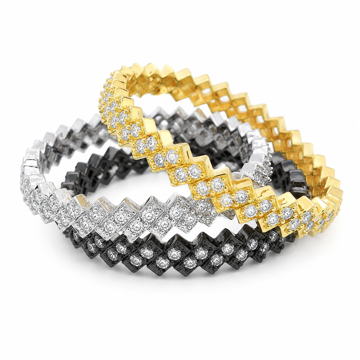 Sterling Silver Stackable 3 PC Zig Zag CZ Bands (Black, Silver, Gold)