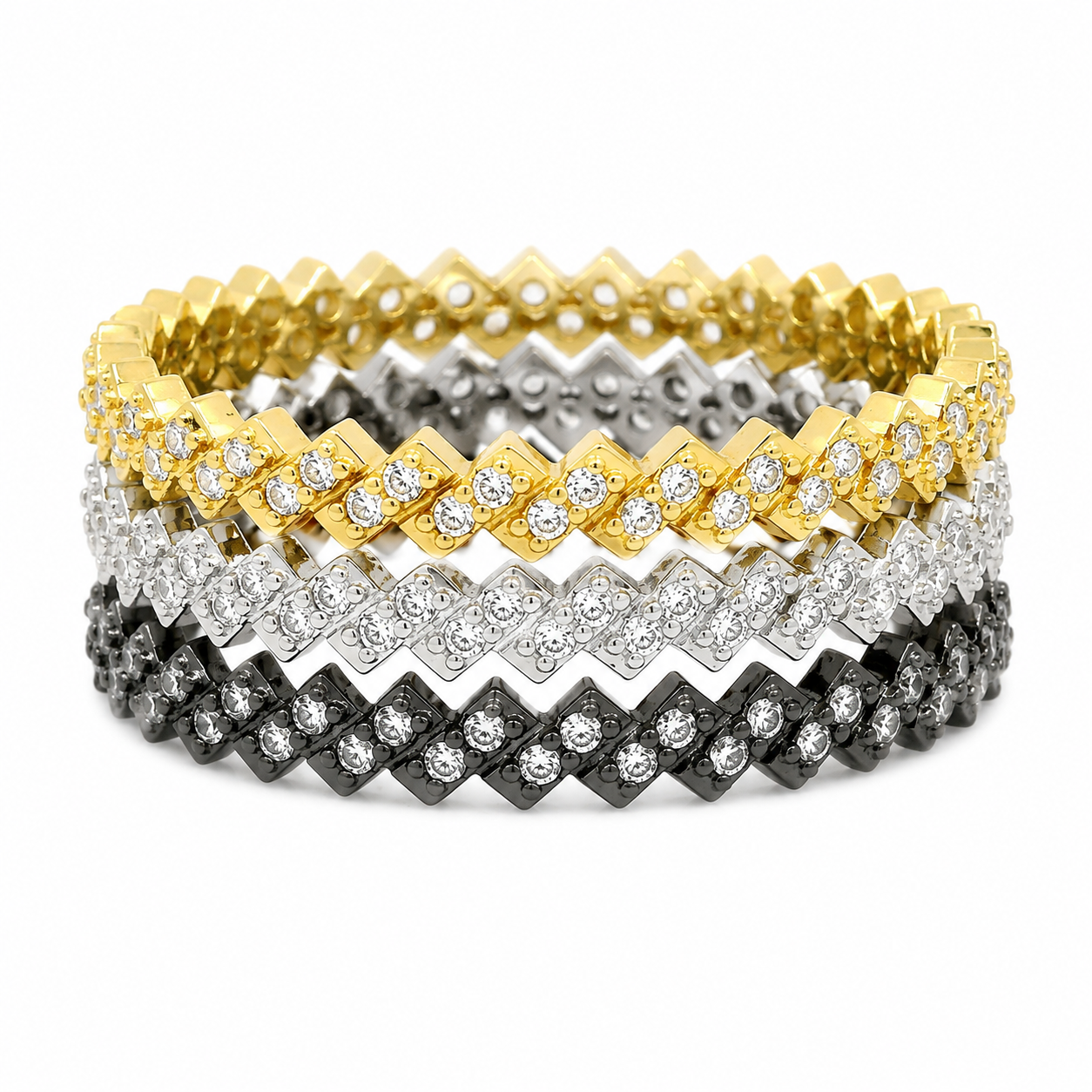 Sterling Silver Stackable 3 PC Zig Zag CZ Bands (Black, Silver, Gold)