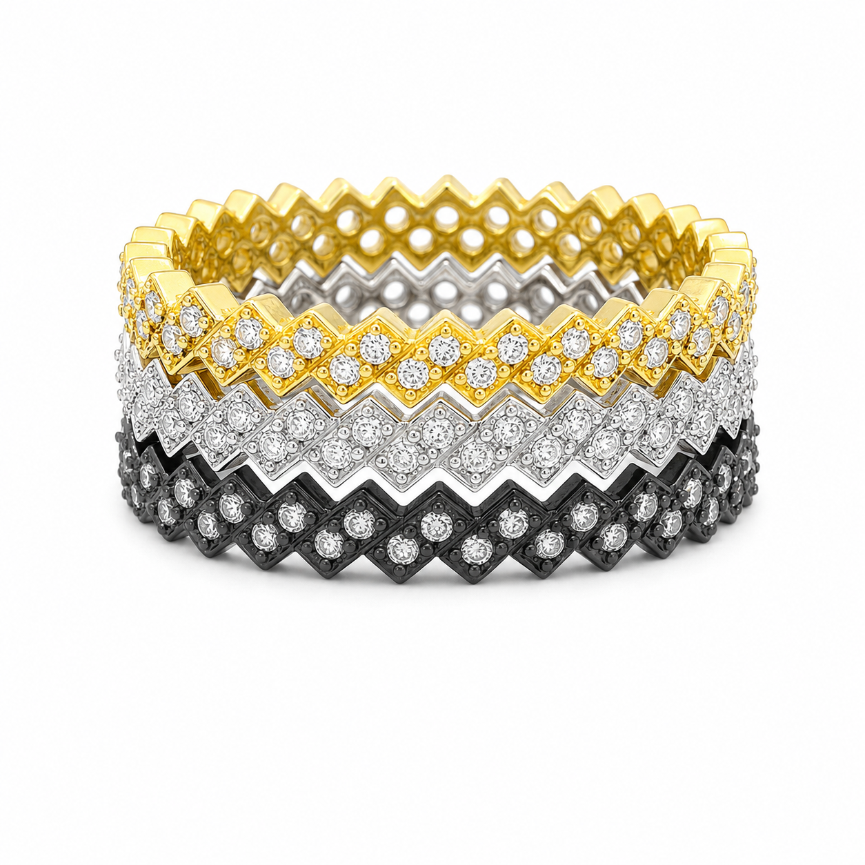 Sterling Silver Stackable 3 PC Zig Zag CZ Bands (Black, Silver, Gold)
