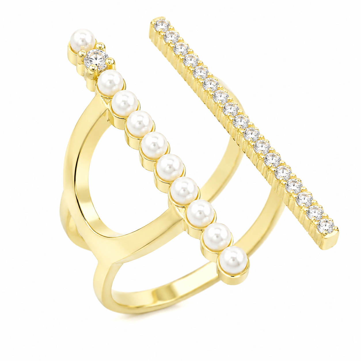 Elegant two-line design featuring parallel bands of Cubic Zirconia and Pearl