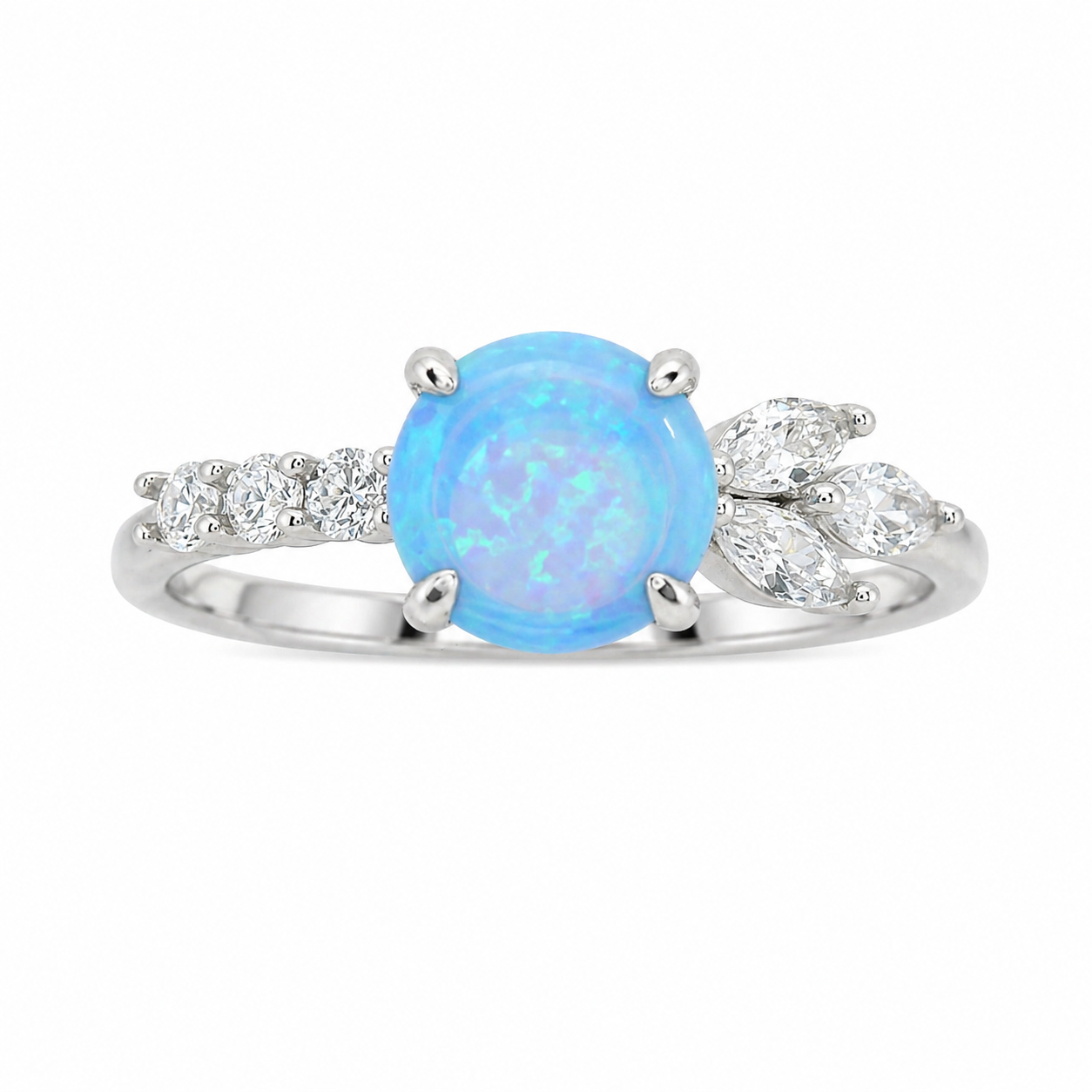 Sterling Silver Blue Opal CZ Leaf Ring