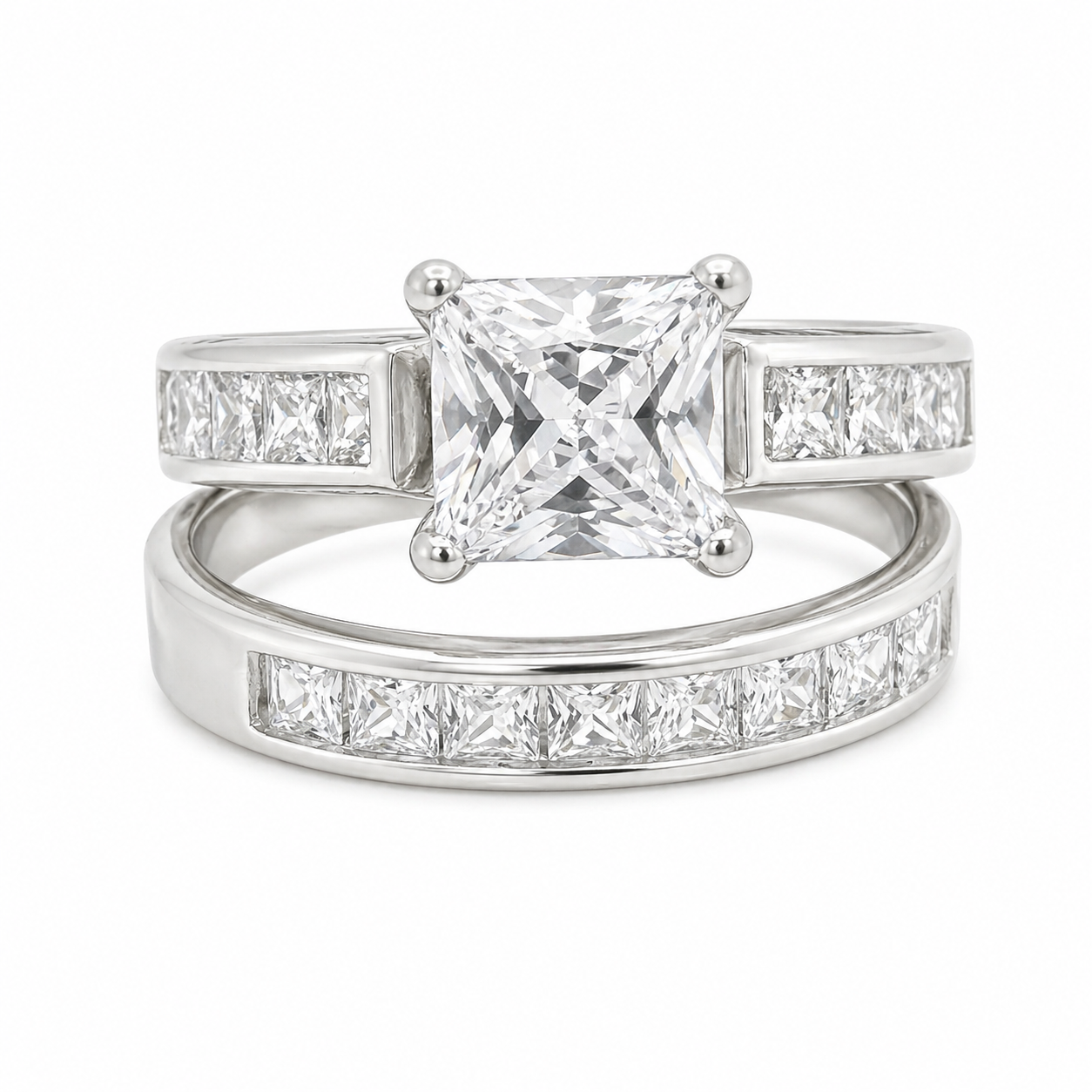 Sterling Silver Square Cut Stackable Wedding/ Engagement Ring Set