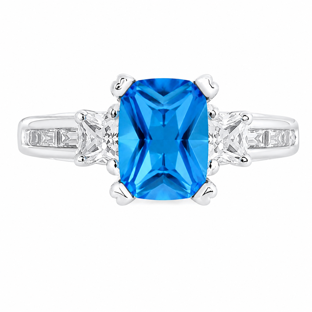 Sterling Silver Heart Detailed Blue CZ Ring