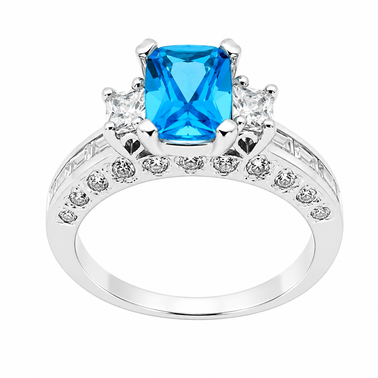 Sterling Silver Heart Detailed Blue CZ Ring