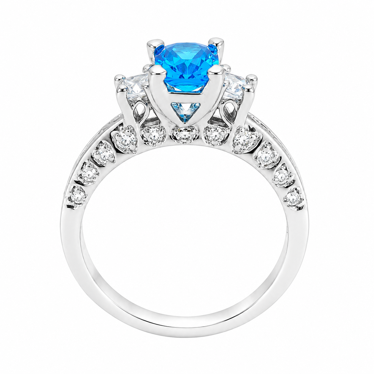 Sterling Silver Heart Detailed Blue CZ Ring