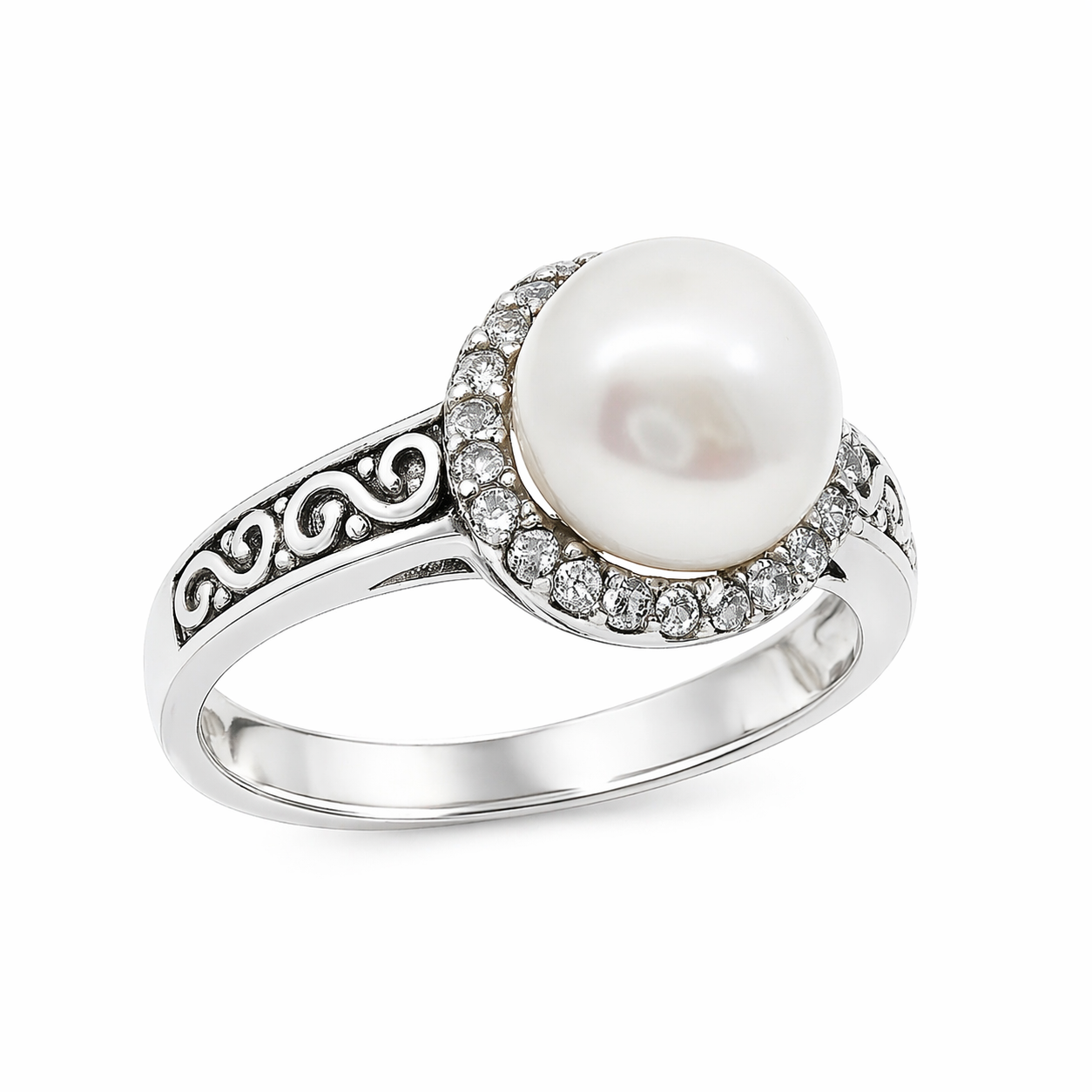 Sterling Silver Pearl with CZ Border Ring