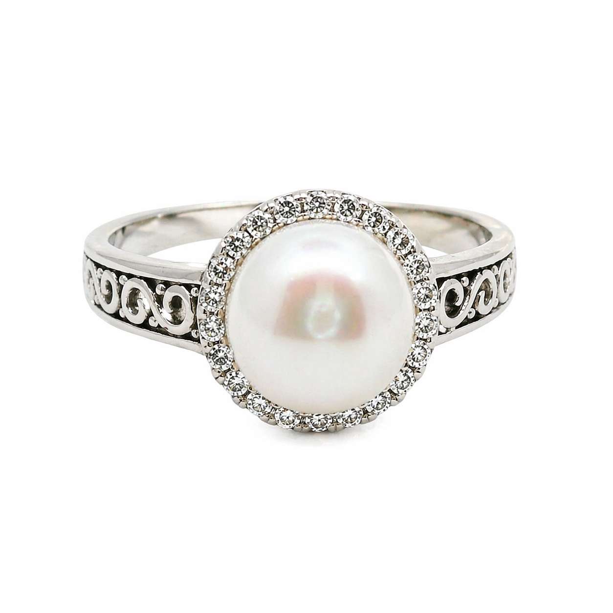 Sterling Silver Pearl with CZ Border Ring