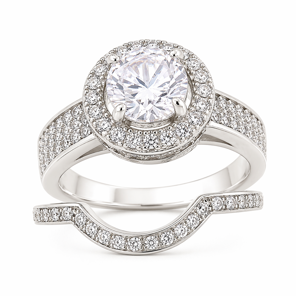 Sterling Siver Circle Halo Double Band Wedding/Engagement Set
