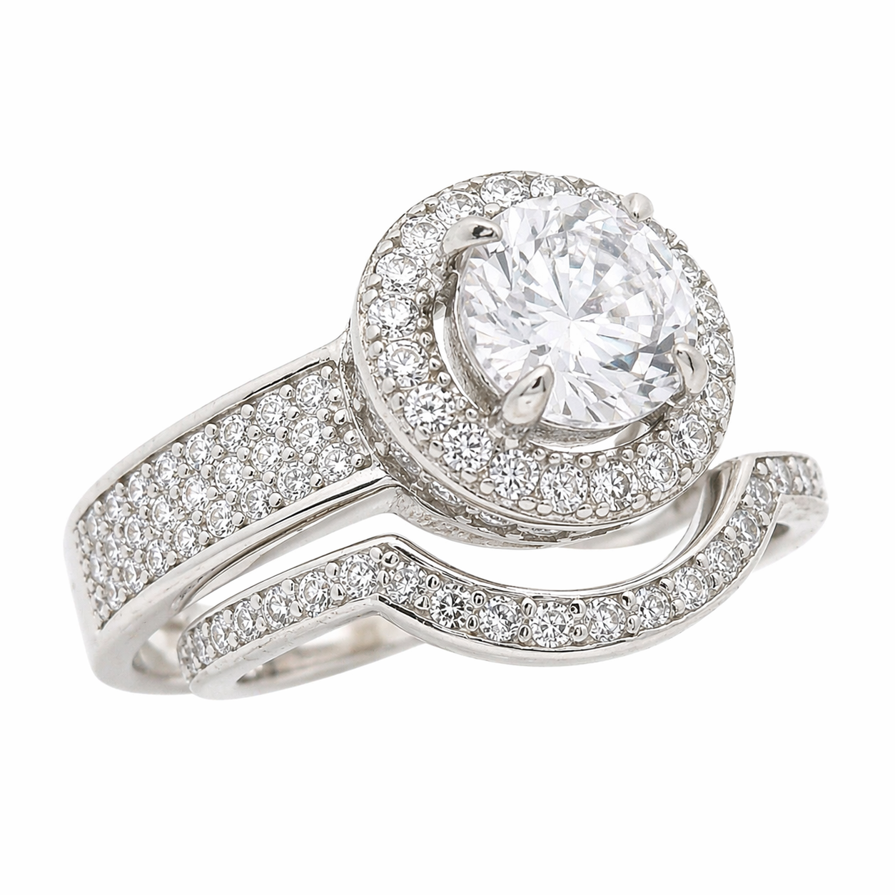 Sterling Siver Circle Halo Double Band Wedding/Engagement Set