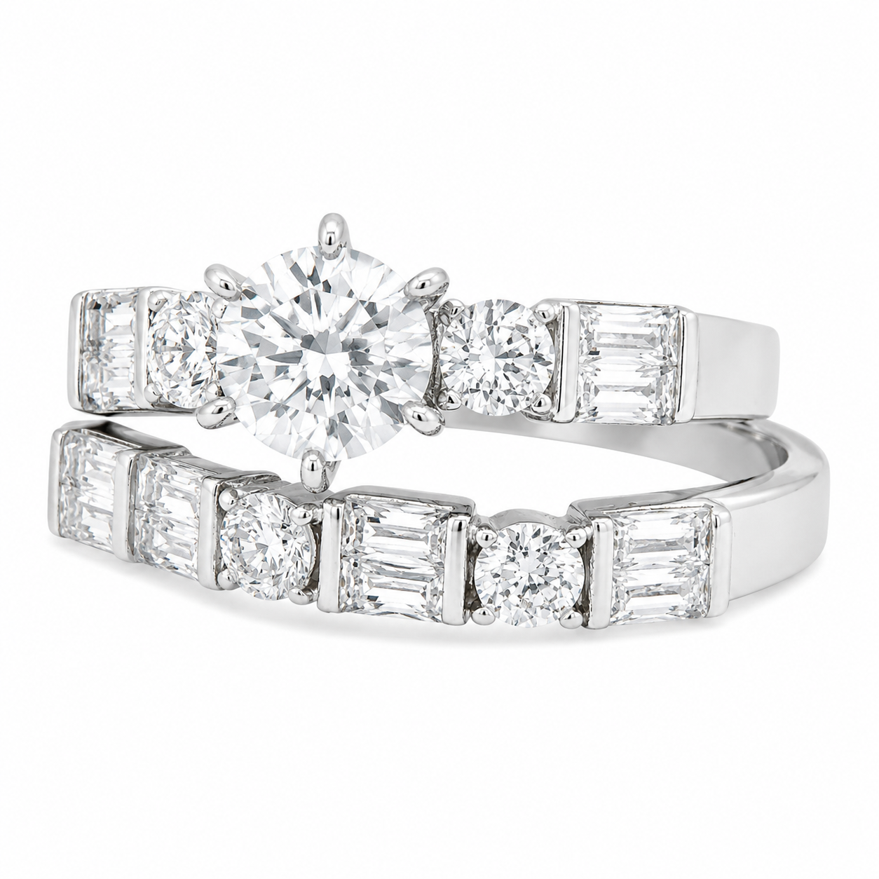 Sterling Silver Round Baguette Double Band Wedding/Engagement Set classic baguette-cut accents on a double band design.