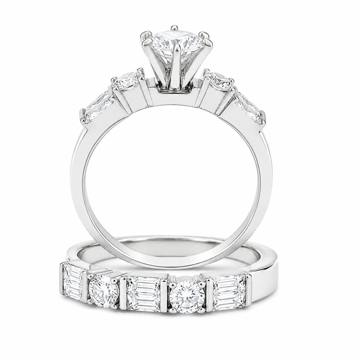 Sterling Silver Round Baguette Double Band Wedding/Engagement Set classic baguette-cut accents on a double band design.