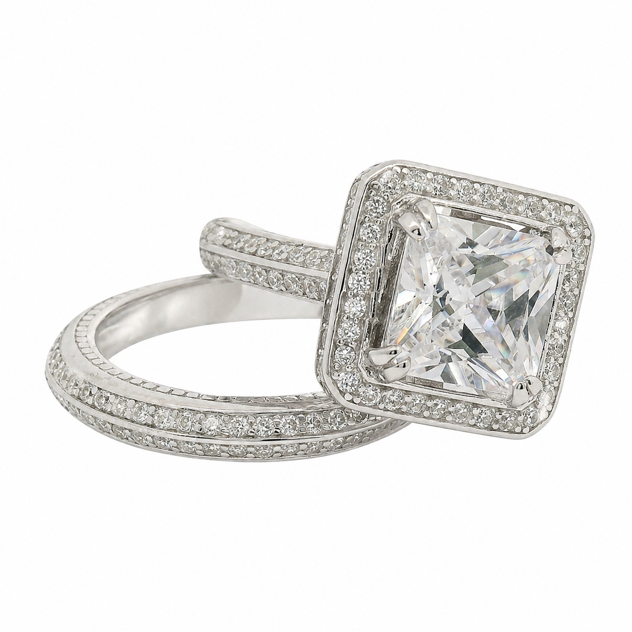 Sterling Silver Square Halo Double Band Wedding/Engagement Set