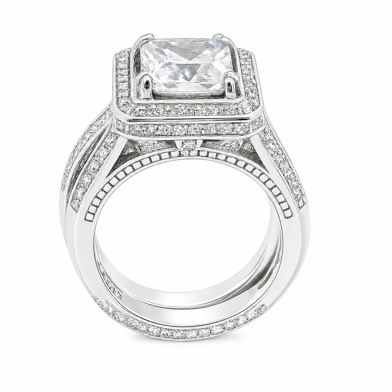 Sterling Silver Square Halo Double Band Wedding/Engagement Set