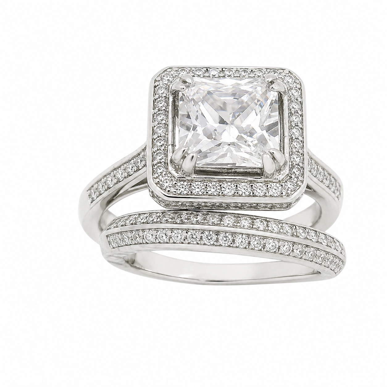 Sterling Silver Square Halo Double Band Wedding/Engagement Set