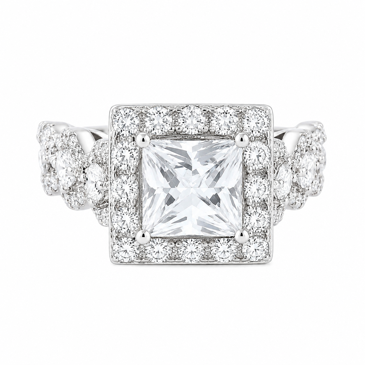 Sterling Silver Square Halo CZ Decorated Band Wedding/Engagement Ring