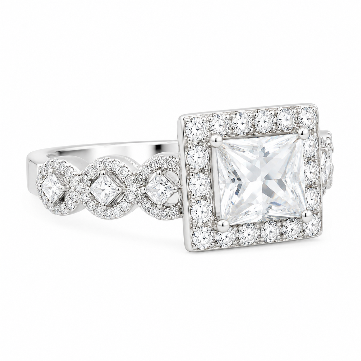 Sterling Silver Square Halo CZ Decorated Band Wedding/Engagement Ring