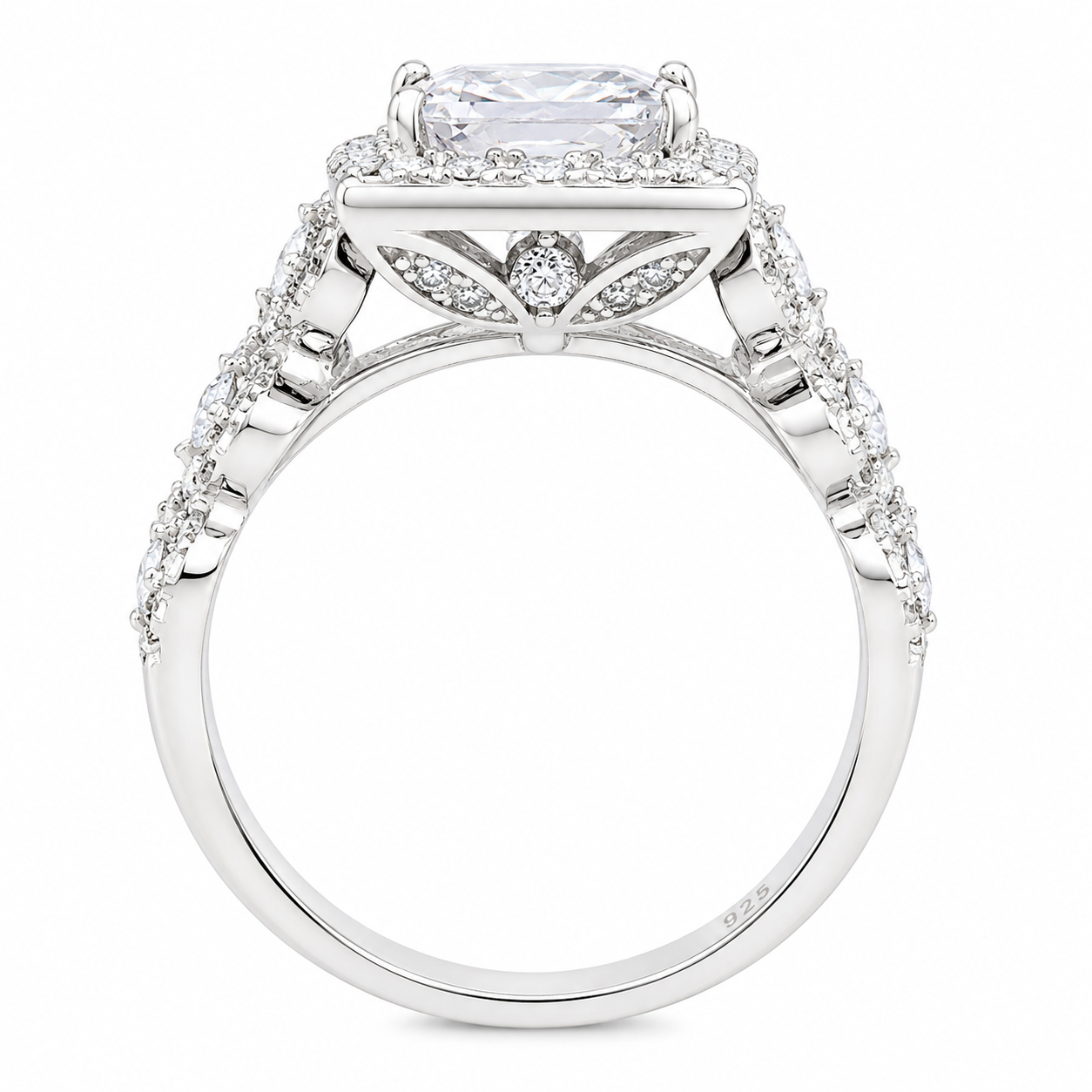 Sterling Silver Square Halo CZ Decorated Band Wedding/Engagement Ring