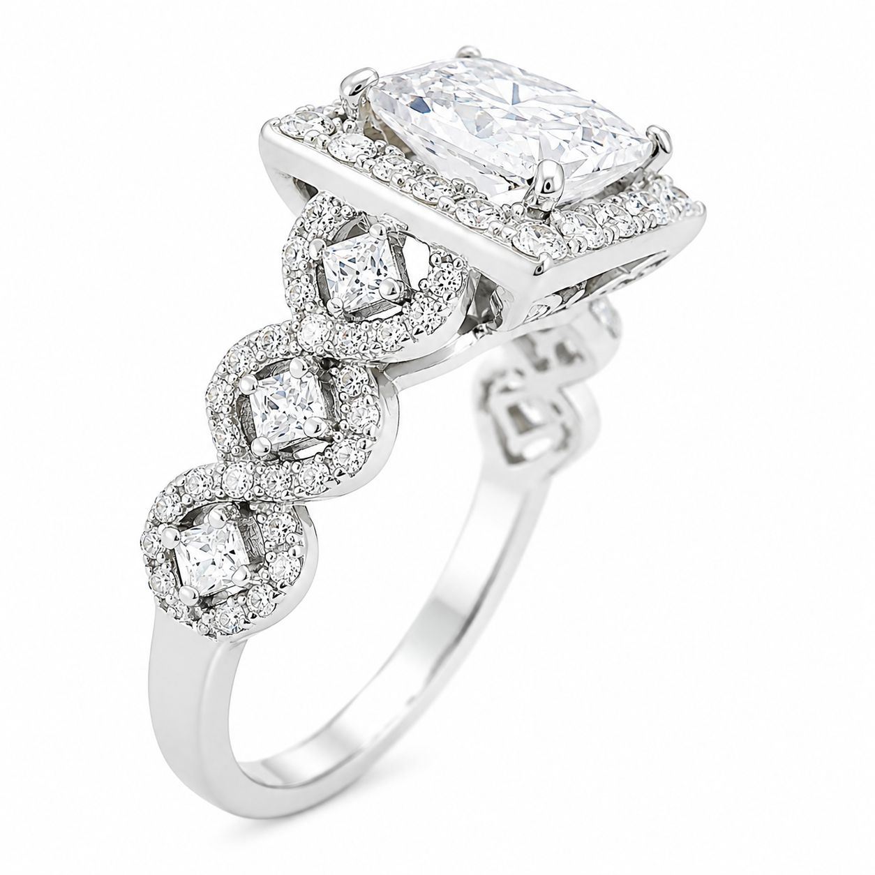 Sterling Silver Square Halo CZ Decorated Band Wedding/Engagement Ring