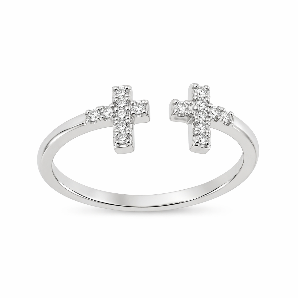 Sterling Silver Double CZ Cross Straight Band