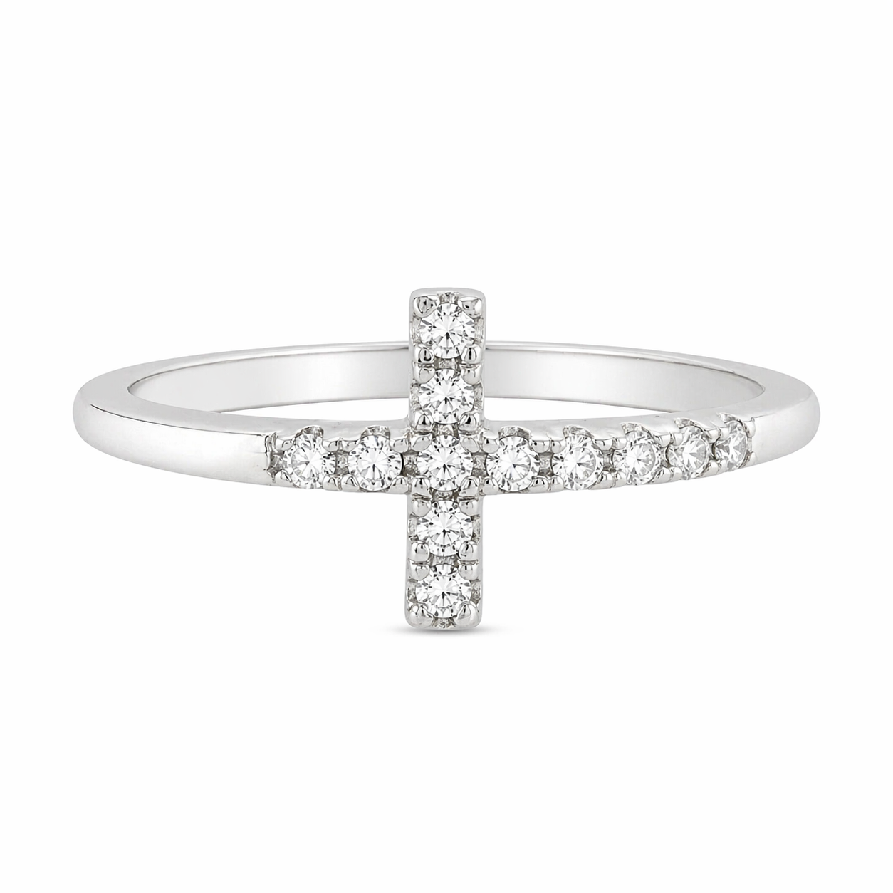 Sterling Silver Large CZ Cross Straight Band Ring