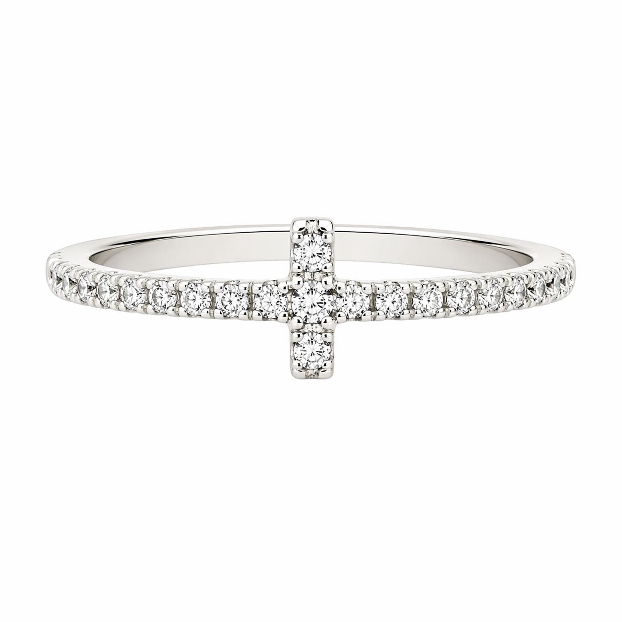 Sterling Silver Small CZ Cross Straight Band Ring