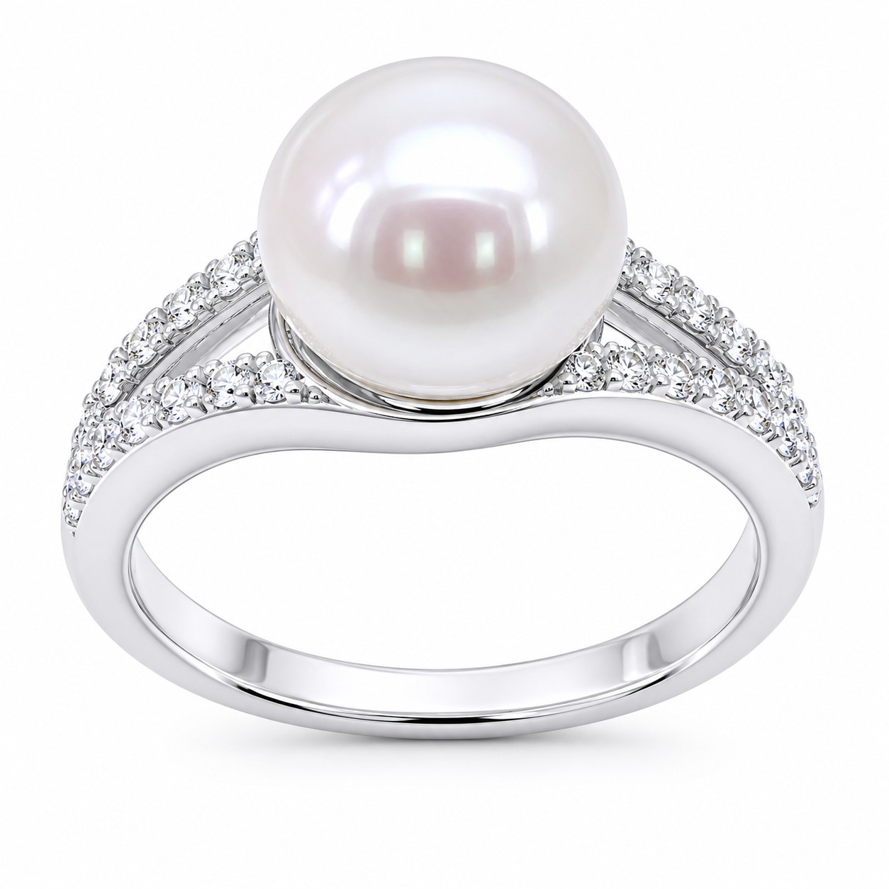 Sterling Silver Pearl CZ Split Band Ring